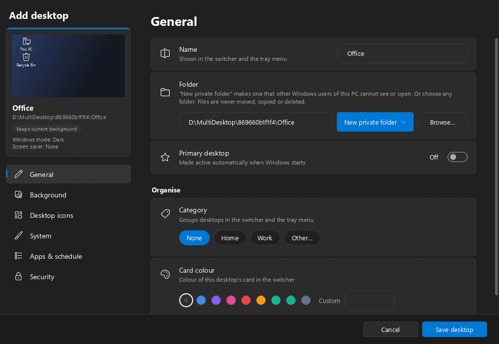 Multi Desktop Manager — Add a desktop with any folder
