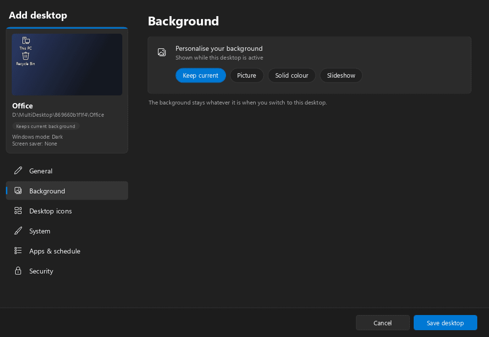 Multi Desktop Manager — Background per desktop