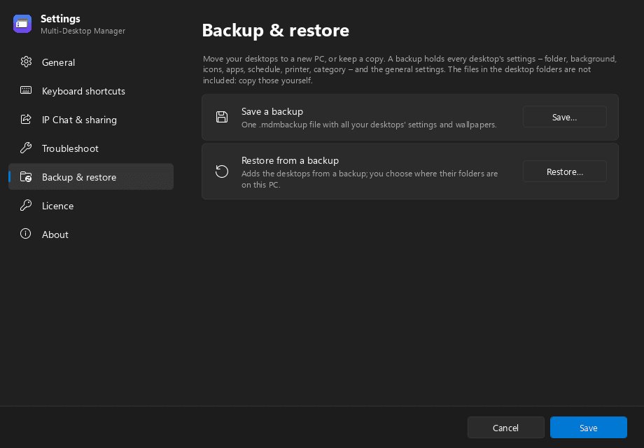 Multi Desktop Manager — Backup & restore