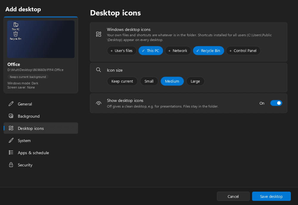 Multi Desktop Manager — Windows desktop icons and icon size