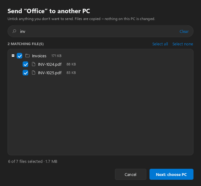 Multi Desktop Manager — Pick files to send to another PC
