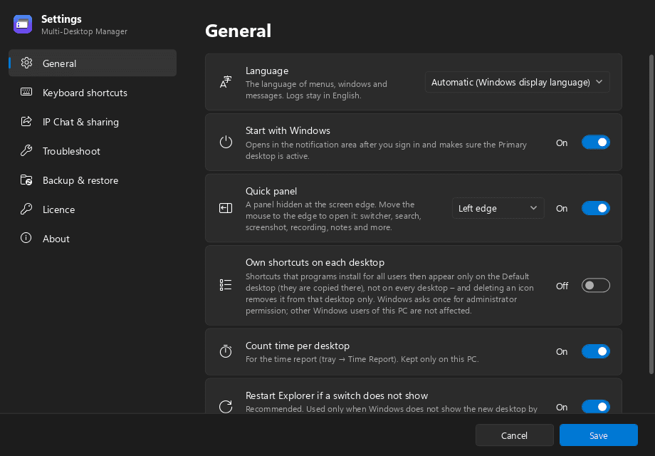 Multi Desktop Manager — General settings, including own shortcuts on each desktop