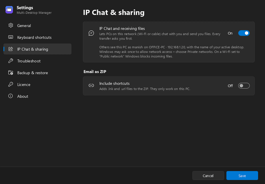 Multi Desktop Manager — IP Chat & sharing settings