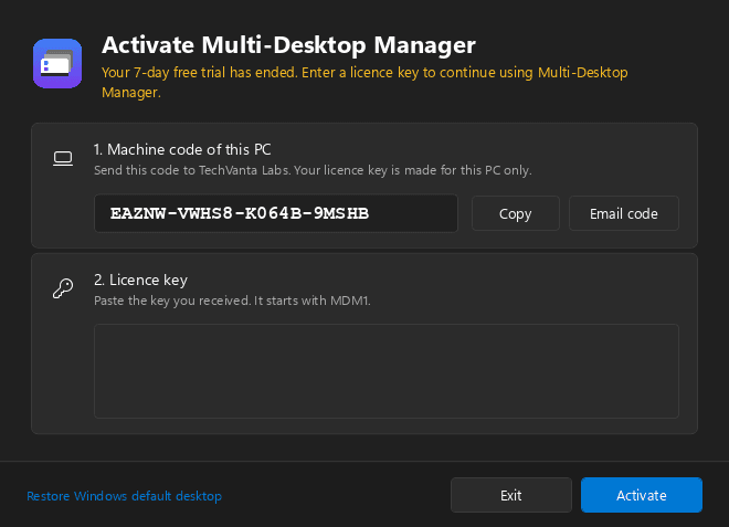 Multi Desktop Manager — After the trial: enter a licence key