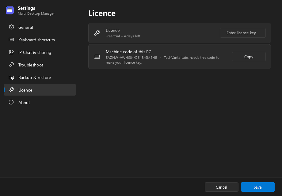 Multi Desktop Manager — Licence and machine code in Settings