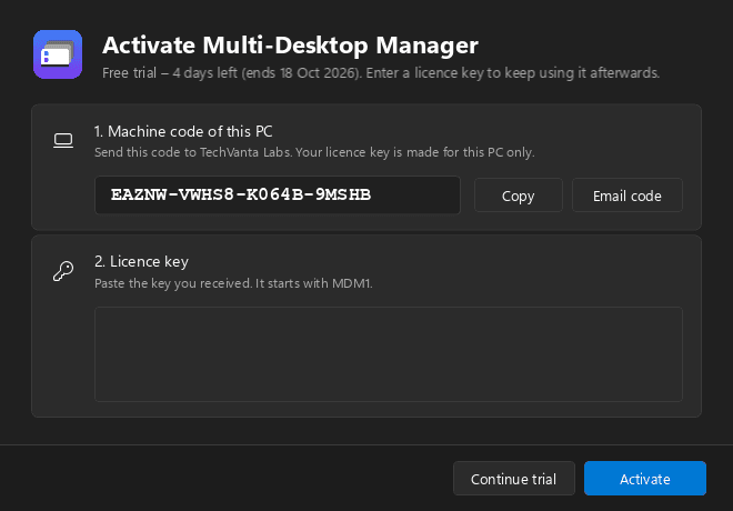 Multi Desktop Manager — Activate with a licence key
