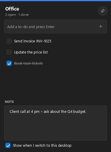Multi Desktop Manager — Notes and to-dos per desktop
