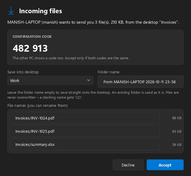 Multi Desktop Manager — Receive files with a confirmation code