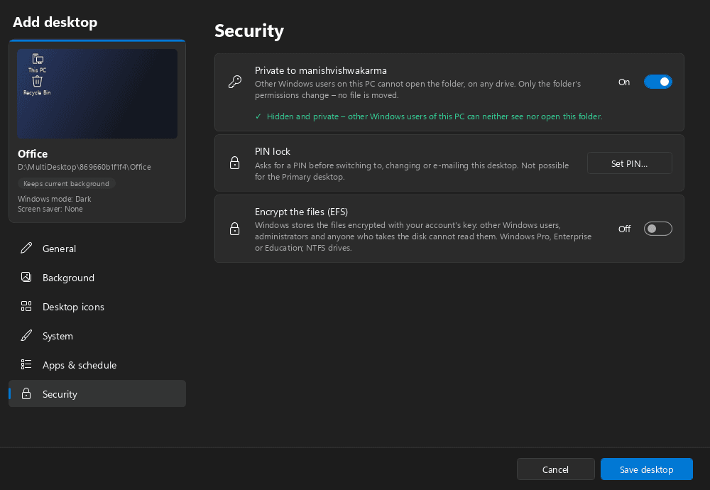 Multi Desktop Manager — Private folder, PIN lock, and encryption