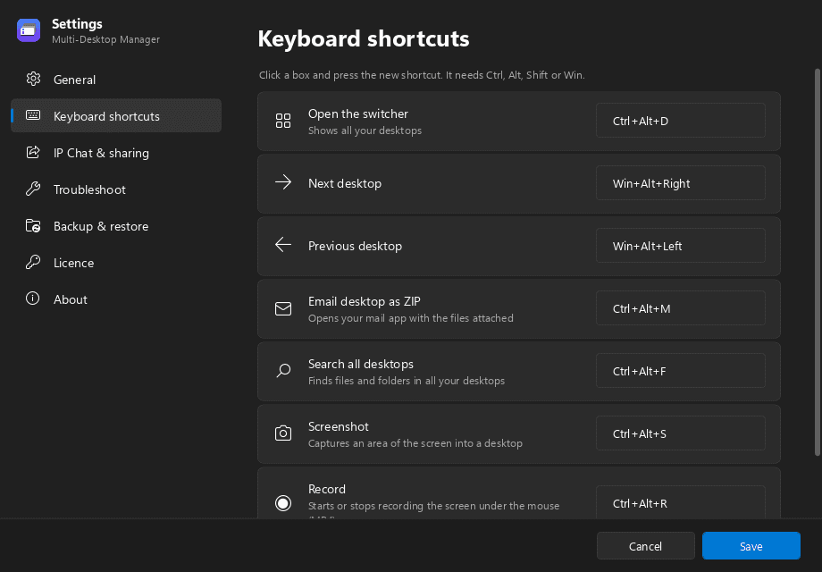 Multi Desktop Manager — Keyboard shortcuts